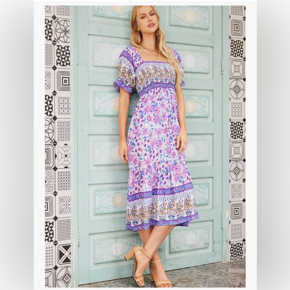 Nagoo Floral Midi Dress in Purple Bohemian Smocked Bodice